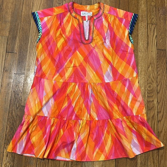 Saloni Ashley B. Dress in Sunset Wave 100% cotton oversized caftan coverup 6 S - Picture 5 of 8